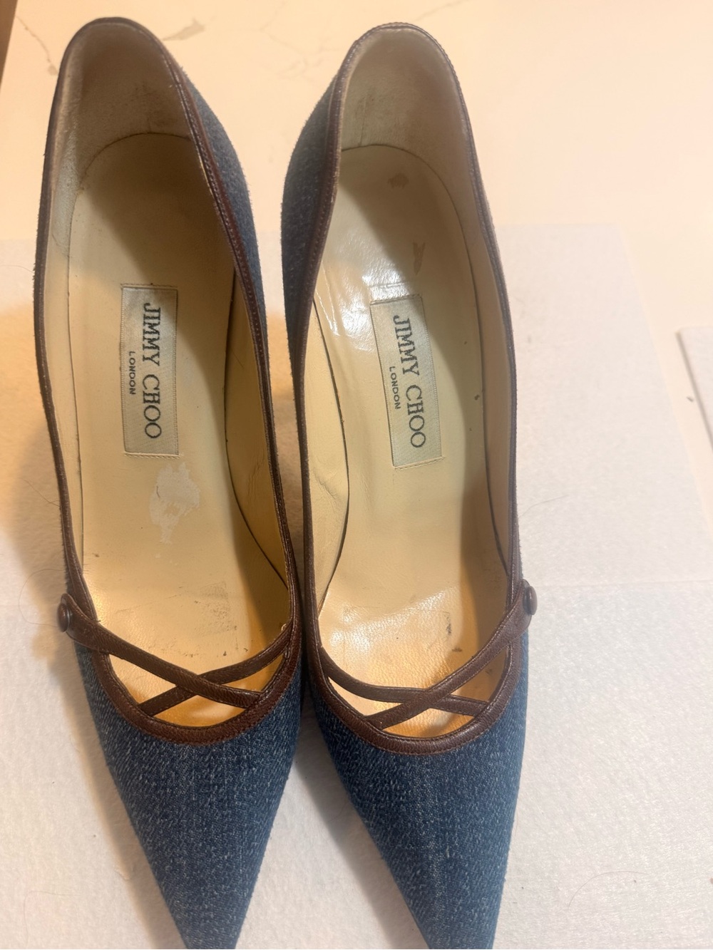 Jimmy Choo Denim Pointed-Toe Pumps with Brown Trim